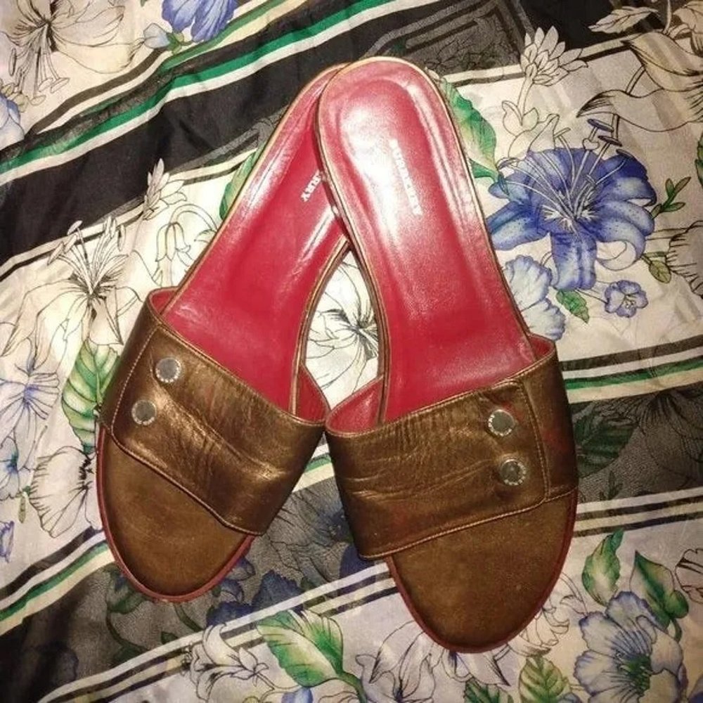โค๏ธBURBERRY DARK METALLIC BRONZE OPEN TOE LOW SLIDE SANDALS SHOES 40 / 10